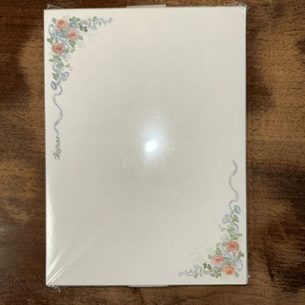 Vtg Hallmark Designed Tablet Stationery Set Sealed Pink Roses Blue Ribbon 40/20